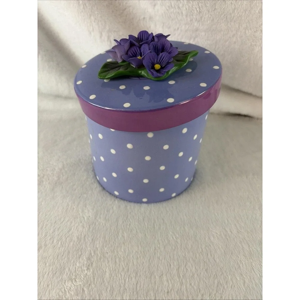 Vintage Teleflora Gift Purple Polka Dot Ceramic Trinket Box 3D Violet Floral Lid